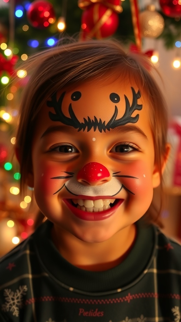 Festive Christmas Face Paint Ideas A child with a reindeer face paint design, surrounded by Christmas decorations.